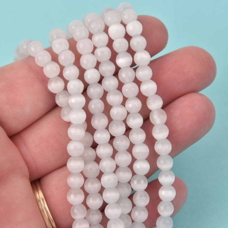 6mm Round Cat Eye Beads, White, Faceted Glass, strand, bgl2050