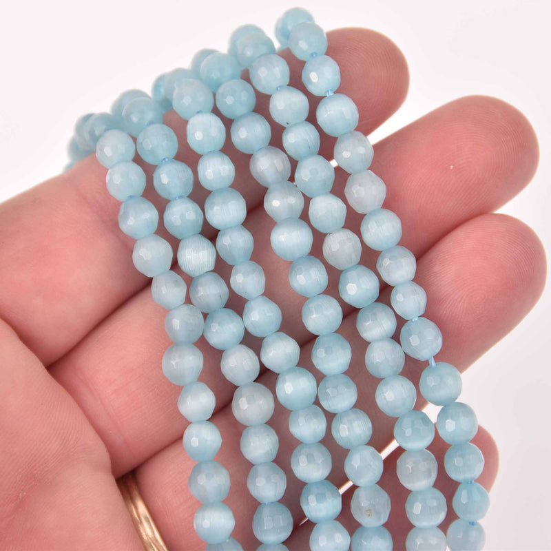 6mm Round Cat Eye Beads, Blue, Faceted Glass, strand, bgl2053