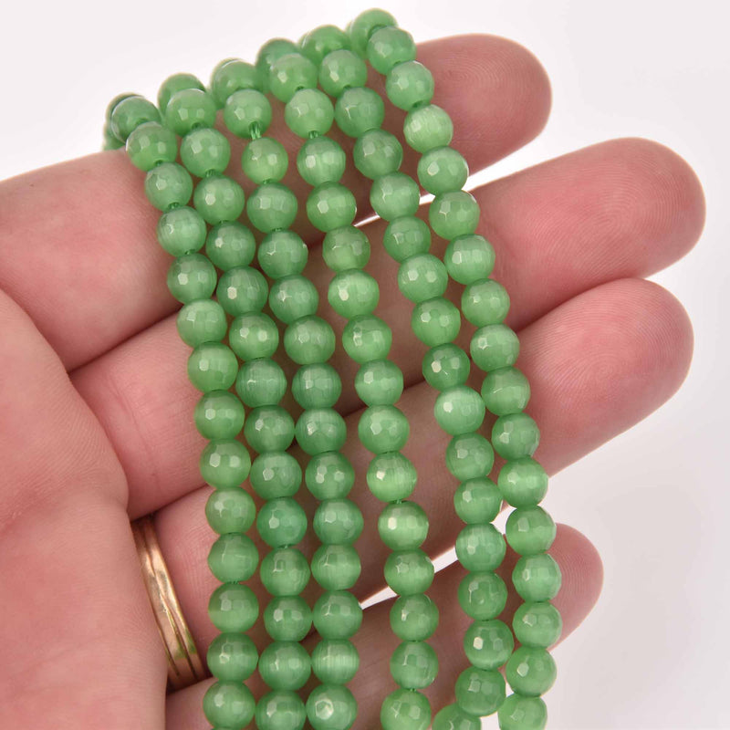 6mm Round Cat Eye Beads, Green, Faceted Glass, strand, bgl2054