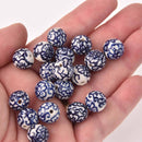 12mm Round Porcelain Beads, Dark Blue, Flower, 6 beads, bgl2057