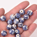 12mm Round Porcelain Beads, Dark Blue, Chinese Longevity Symbol, 6 beads, bgl2063