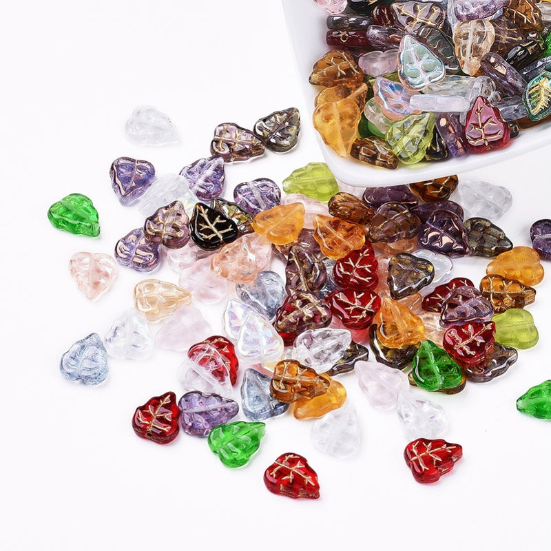 15 Czech Glass Leaf Beads, 10mm, Mixed Colors, bgl2068
