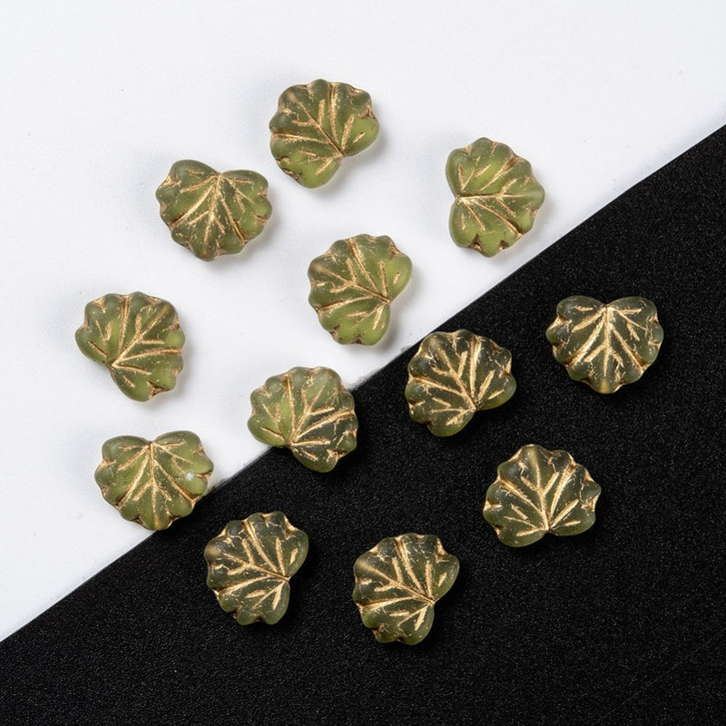 10 Czech Glass Leaf Beads, Green, 13mm, bgl2071
