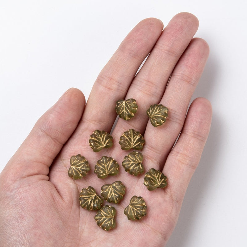 10 Czech Glass Leaf Beads, Green, 13mm, bgl2071
