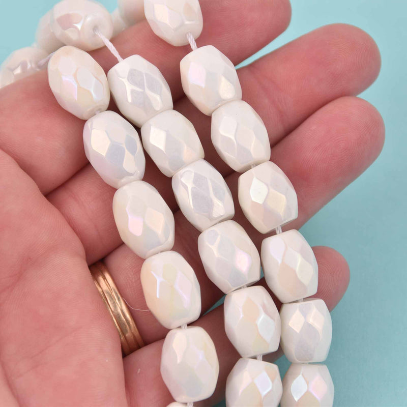 14mm Barrel Porcelain Beads, white AB, faceted, strand, bgl2073
