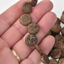 14mm Czech Glass Coin Beads, Etch Jet Bronze 2-holes, Metallic Foil, x6 beads, bgl2074