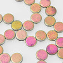 14mm Czech Glass Coin Beads, Holographic Etch Jet Full Vitrail, 2-holes, Metallic Foil, x6 beads, bgl2075