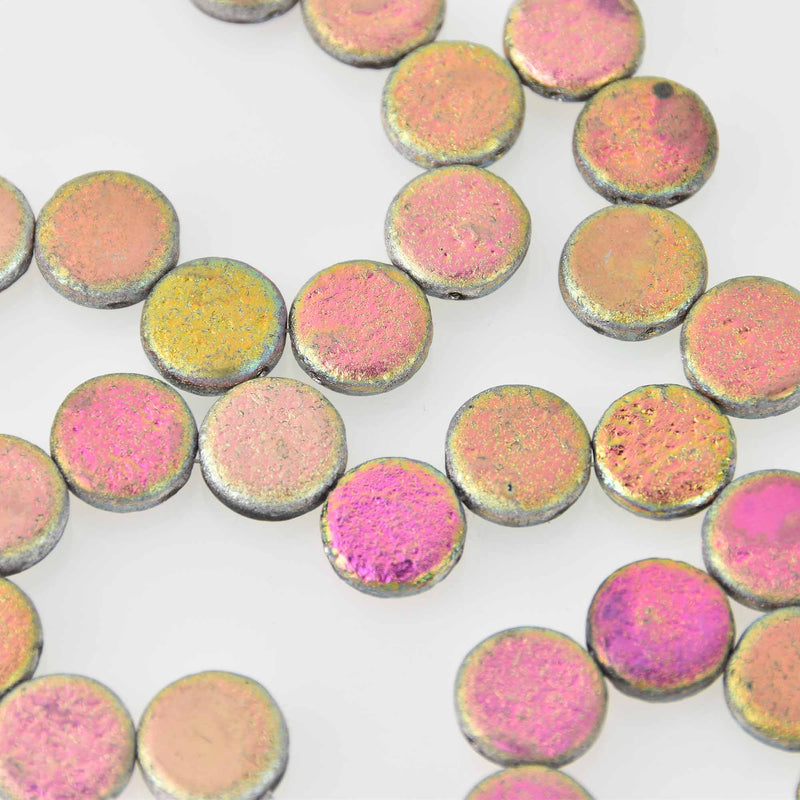 14mm Czech Glass Coin Beads, Holographic Etch Jet Full Vitrail, 2-holes, Metallic Foil, x6 beads, bgl2075