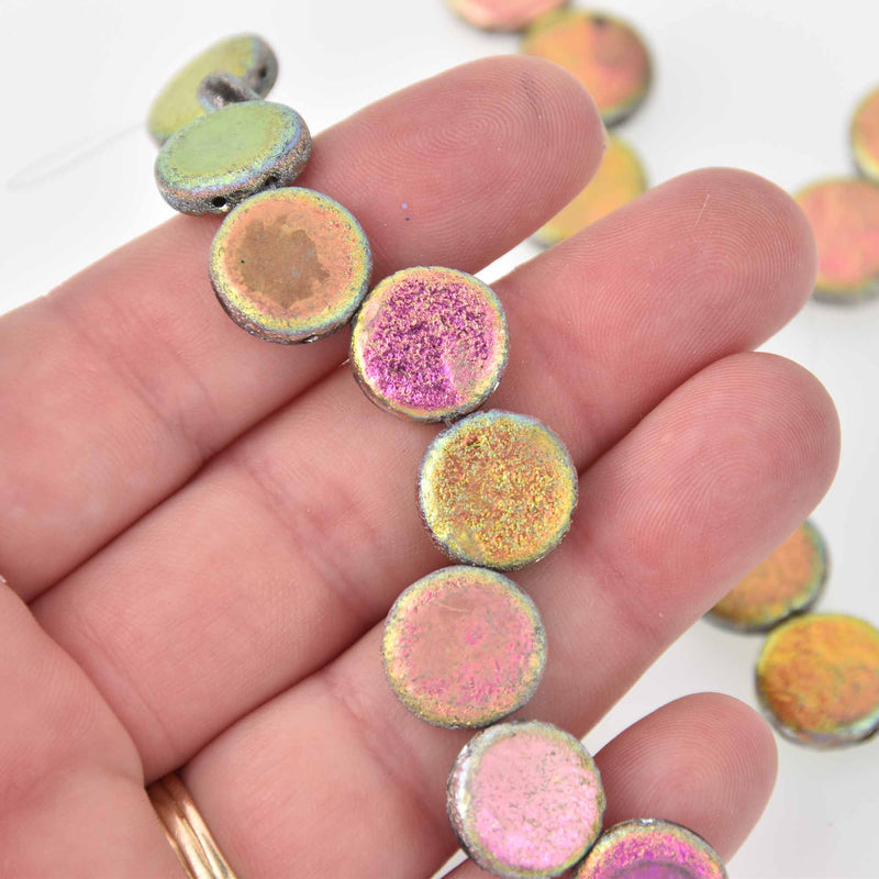 14mm Czech Glass Coin Beads, Holographic Etch Jet Full Vitrail, 2-holes, Metallic Foil, x6 beads, bgl2075