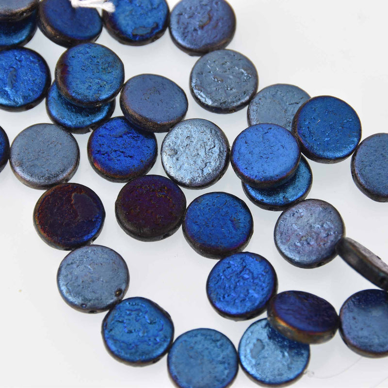 14mm Czech Glass Coin Beads, Etch Jet Full Azuro Blue, 2-holes, Metallic Foil, x6 beads, bgl2077