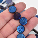 14mm Czech Glass Coin Beads, Etch Jet Full Azuro Blue, 2-holes, Metallic Foil, x6 beads, bgl2077