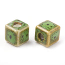 10mm Green Cube Beads, Ceramic Porcelain, x10 beads, bgl2078