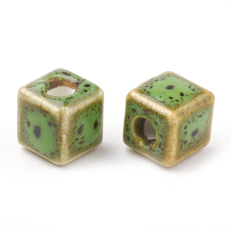 10mm Green Cube Beads, Ceramic Porcelain, x10 beads, bgl2078