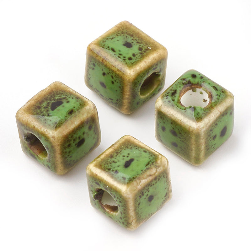 10mm Green Cube Beads, Ceramic Porcelain, x10 beads, bgl2078
