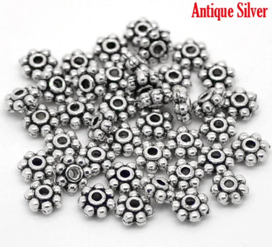50 Silver Tone DAISY Spacer Beads  5mm bme0097