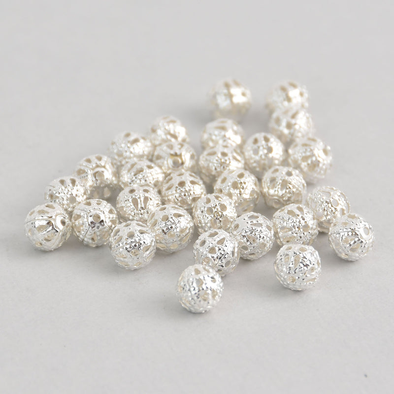40 Silver Plated Round Filigree Ball Spacer Beads 6mm bme0272a