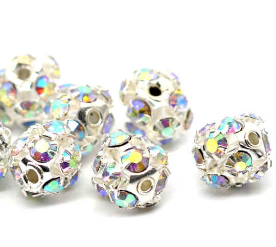 10 Silver 6mm Crystal Disco Ball Spacer Beads Fireball, AB Crystals, bme0359