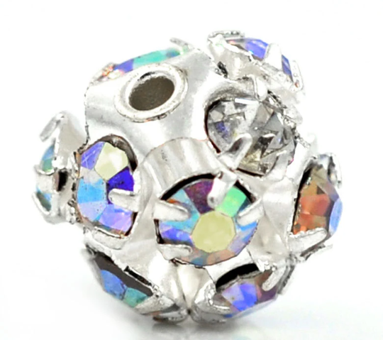 10 Silver 6mm Crystal Disco Ball Spacer Beads Fireball, AB Crystals, bme0359