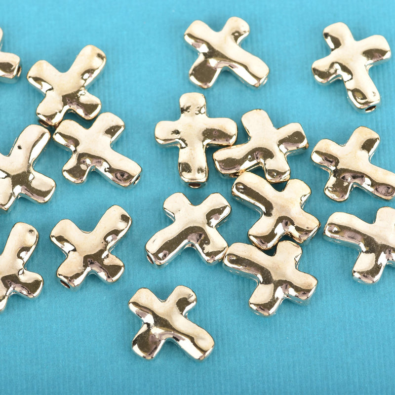 10 Light Gold Metal Sideways Cross Beads, hammered textured metal, 13mm x 11mm bme0419