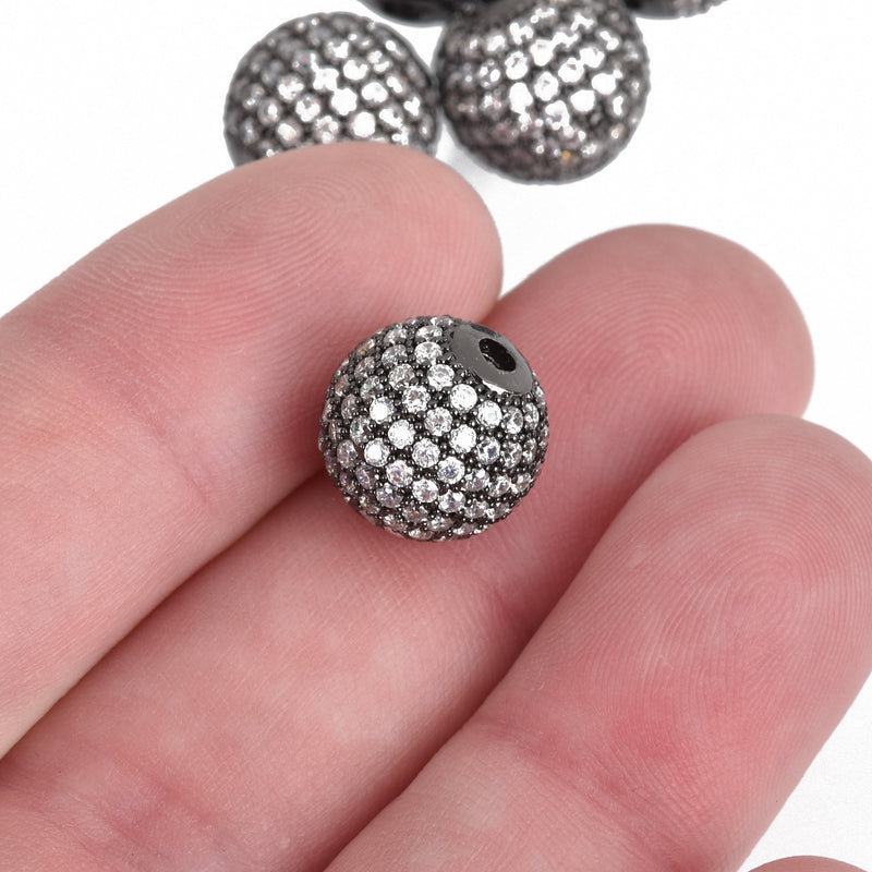 1 Gunmetal Micro Pave' Round Bead, Metal with Cubic Zirconia Crystals, 12mm, bme0420