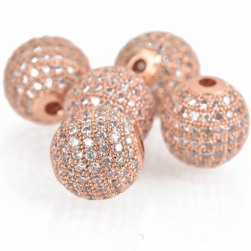 1 Rose Gold Micro Pave' Round Bead, Metal with Cubic Zirconia Crystals, 12mm, bme0421