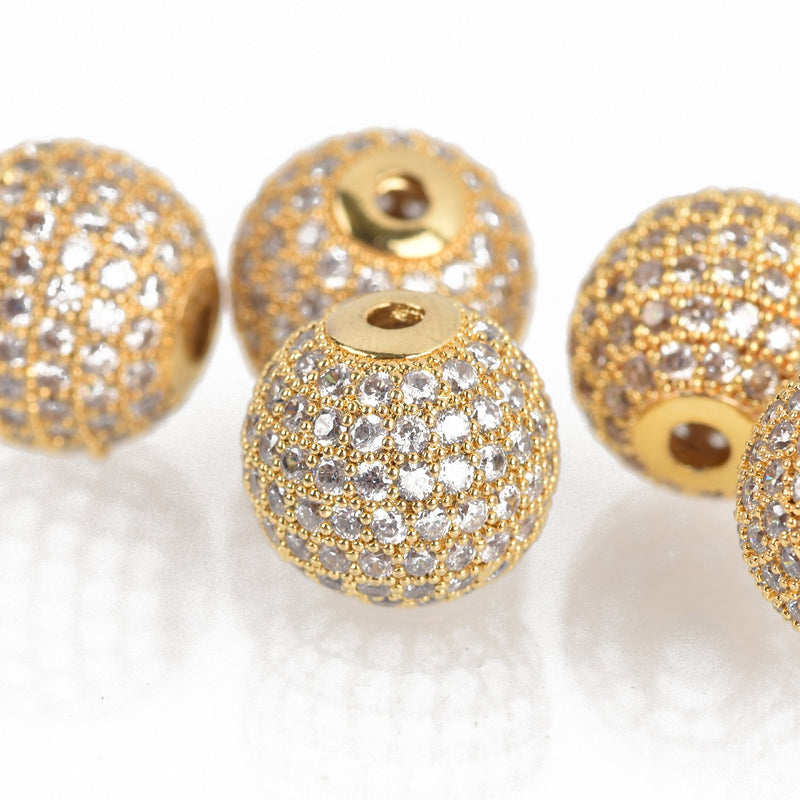 1 Gold Micro Pave' Round Bead, Metal with Cubic Zirconia Crystals, 12mm, bme0422