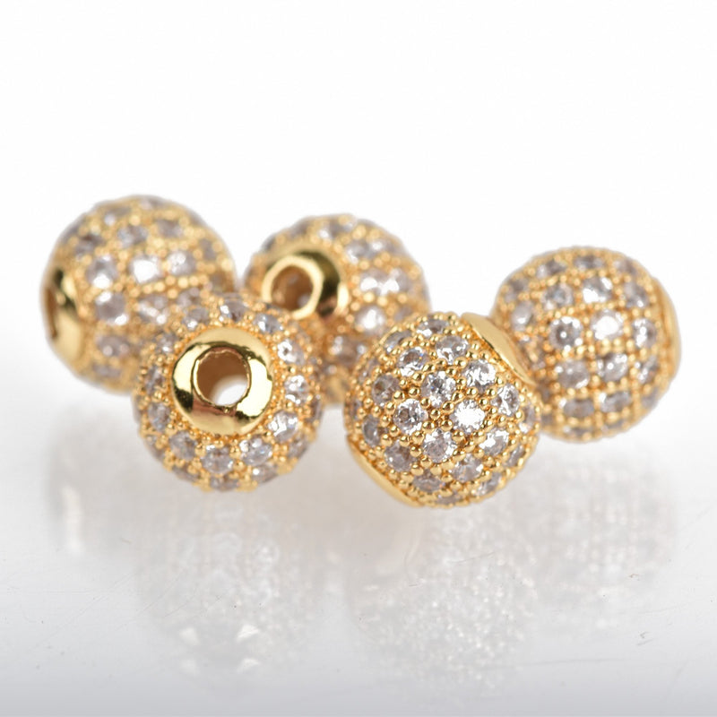 2 Gold Micro Pave Round Beads, 8mm Metal with CZ Cubic Zirconia Crystals, bme0424