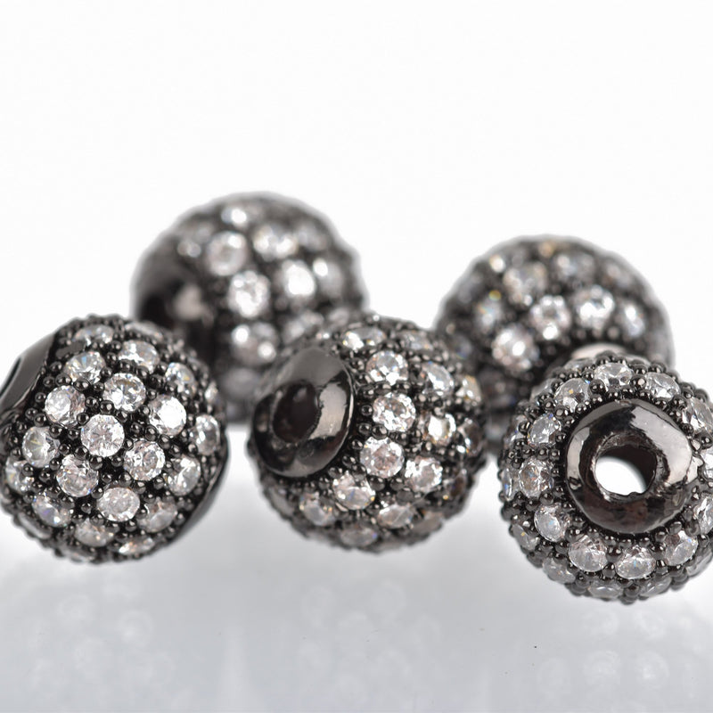 2 Gunmetal Black Micro Pave Round Beads, 8mm Metal with CZ Cubic Zirconia Crystals, bme0425