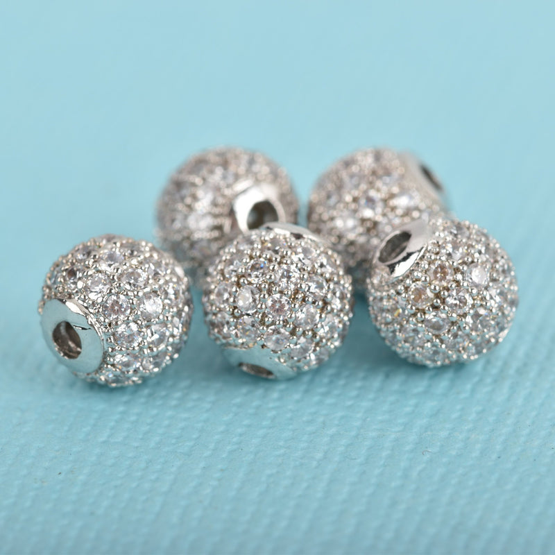 2 Silver Micro Pave Round Beads, 8mm Metal with CZ Cubic Zirconia Crystals, bme0426