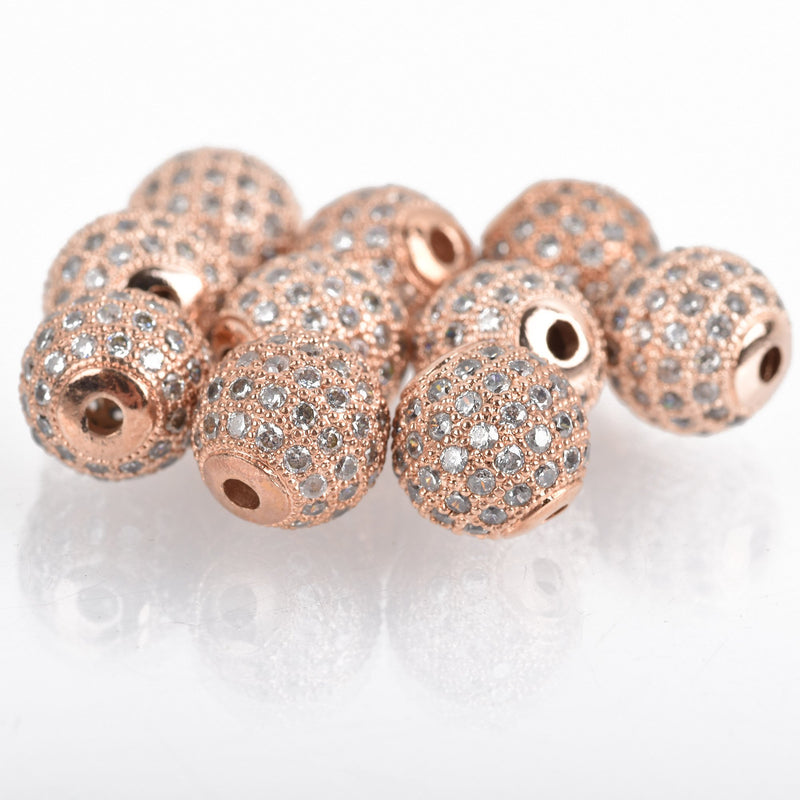 2 Rose Gold Micro Pave Round Beads, 10mm Metal with CZ Cubic Zirconia Crystals, bme0428