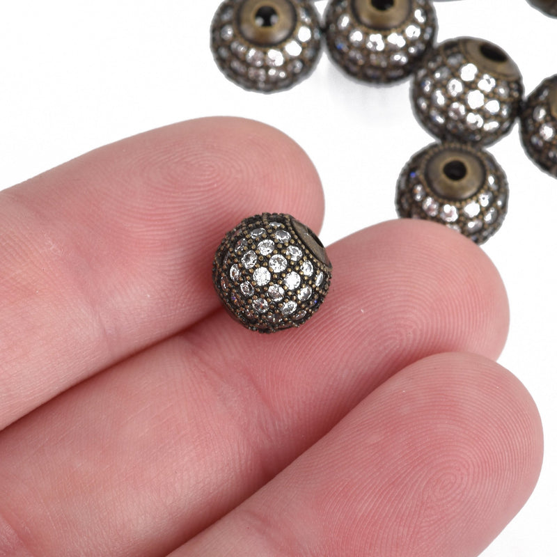 2 Gunmetal Black Micro Pave Round Beads, 10mm Metal with CZ Cubic Zirconia Crystals, bme0429