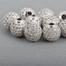 2 Silver Micro Pave Round Beads, 10mm Metal with CZ Cubic Zirconia Crystals, bme0431