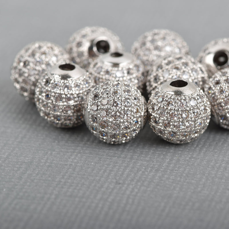 2 Silver Micro Pave Round Beads, 10mm Metal with CZ Cubic Zirconia Crystals, bme0431