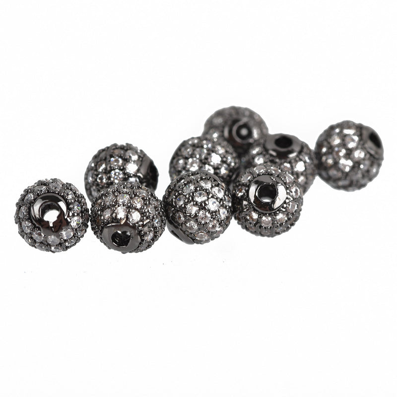 2 Gunmetal Black Micro Pave Round Beads, 6mm Metal with CZ Cubic Zirconia Crystals, bme0432