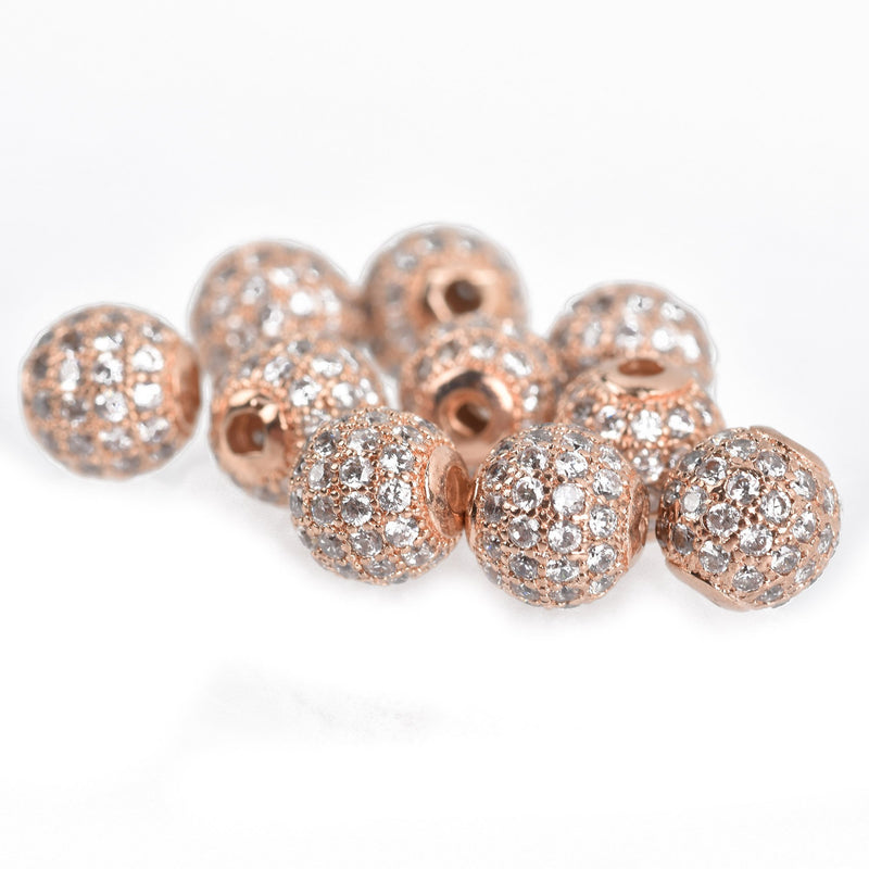 2 Rose Gold Micro Pave Round Beads, 6mm Metal with CZ Cubic Zirconia Crystals, bme0433
