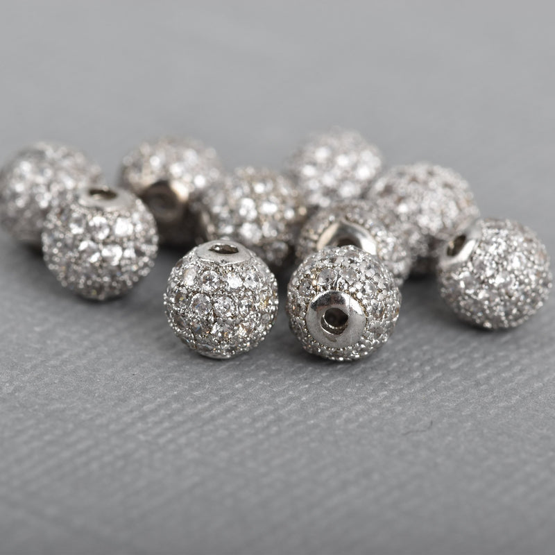 2 Silver Micro Pave Round Beads, 6mm Metal with CZ Cubic Zirconia Crys