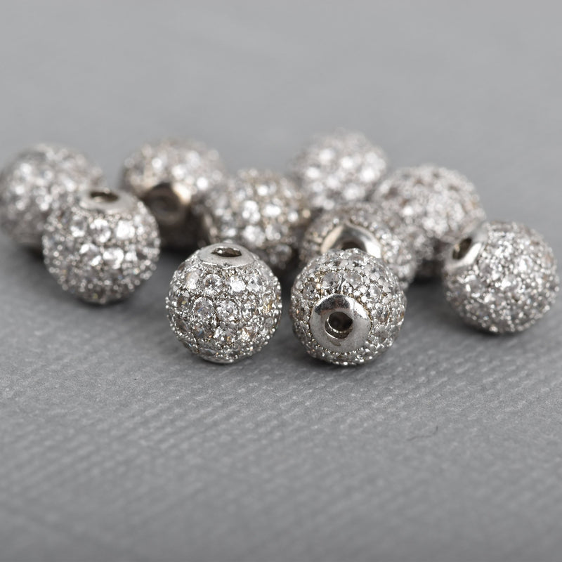 2 Silver Micro Pave Round Beads, 6mm Metal with CZ Cubic Zirconia Crystals, bme0434