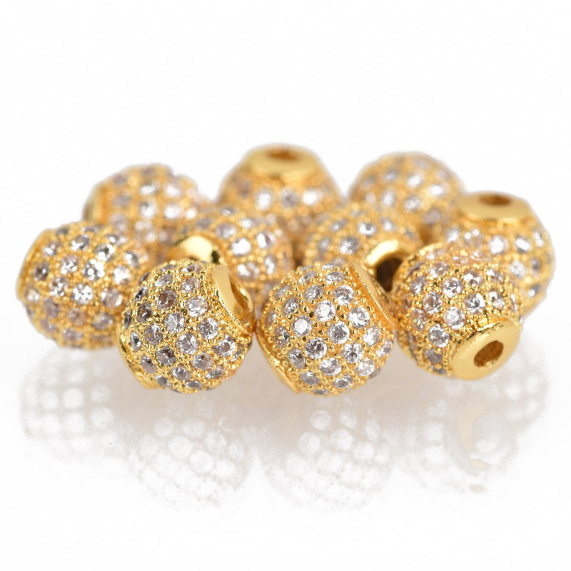 2 Gold Micro Pave Round Beads, 6mm Metal with CZ Cubic Zirconia Crystals, bme0549