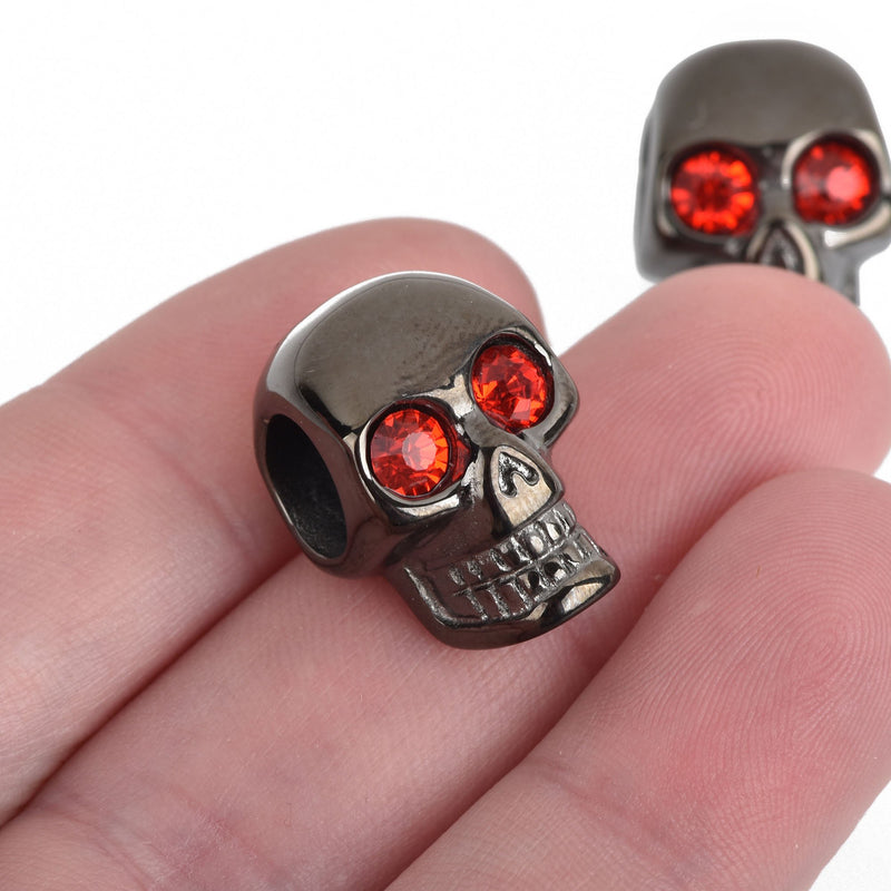 2 Black SKULL Beads, Stainless Steel, Large Hole, red crystal eyes, great for leather cord, 20mm, bme0437