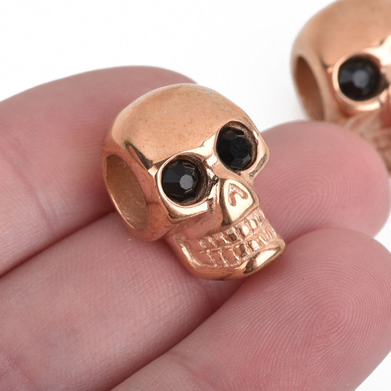 2 Rose Gold SKULL Beads, Stainless Steel, Large Hole, black crystal eyes, great for leather cord, 20mm, bme0438