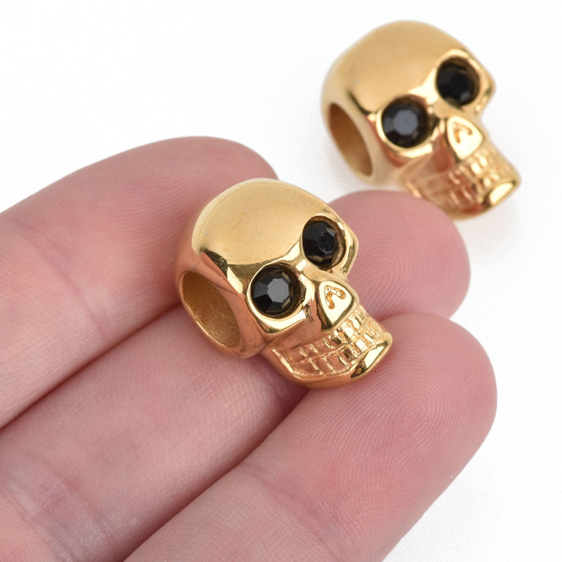 2 Gold SKULL Beads, Stainless Steel, Large Hole, black crystal eyes, great for leather cord, 20mm, bme0439