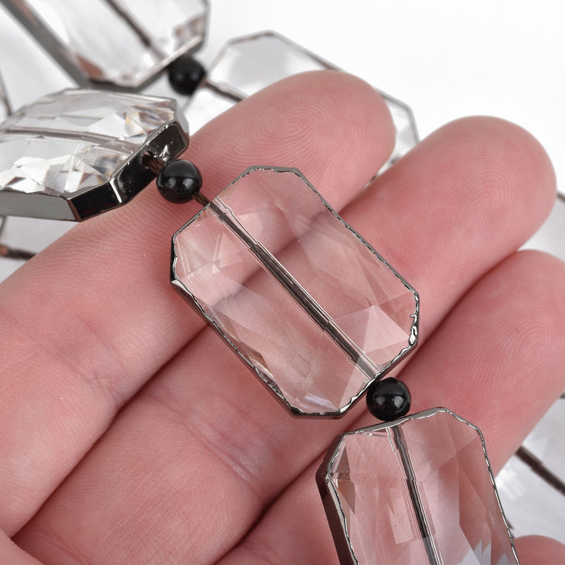 25mm Clear Glass Rectangle Beads, Black Metal Bezel, faceted, half strand, 6 beads, bme0440
