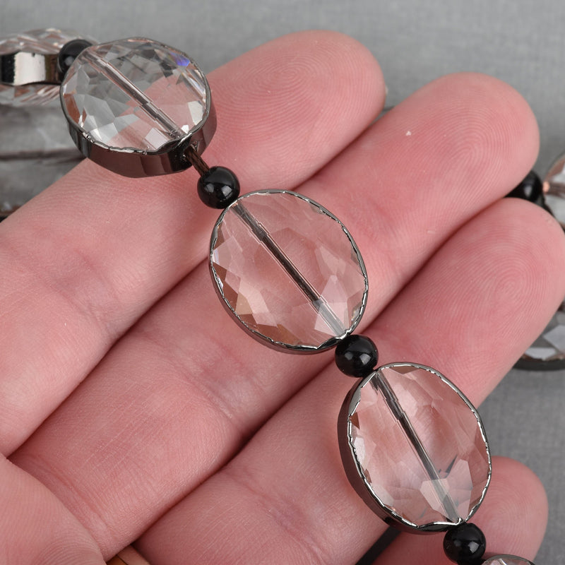 20mm Clear Glass OVAL Beads, Black Metal Bezel, faceted, half strand, 8 beads, bme0441