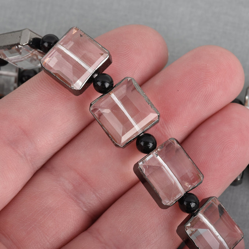 13mm Clear Glass SQUARE Beads, Black Metal Bezel, faceted, half strand, 10 beads, bme0442