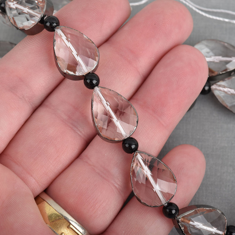 18mm Clear Glass TEARDROP Beads, Black Metal Bezel, faceted, half strand, 9 beads, bme0443