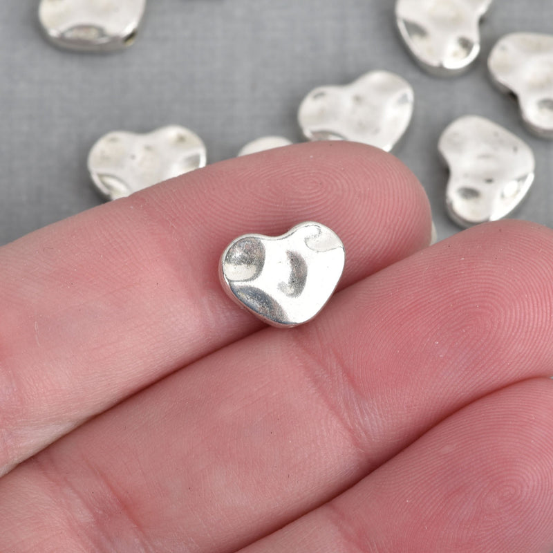 25 Silver Heart Beads, Hammered Metal Spacer Beads, 12mm, bme0456