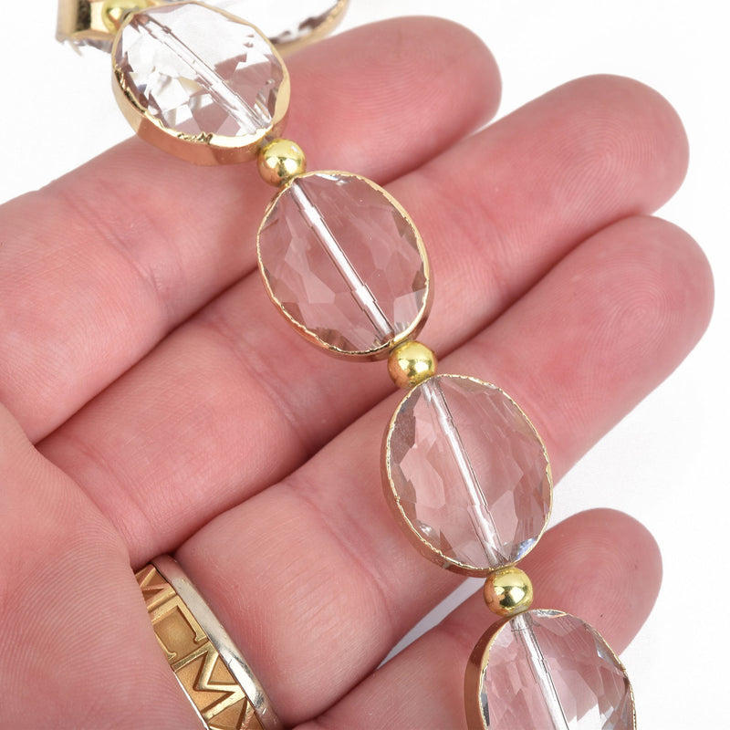 20mm Clear Glass OVAL Beads Gold Metal Bezel faceted half strand 8 beads, bme0457