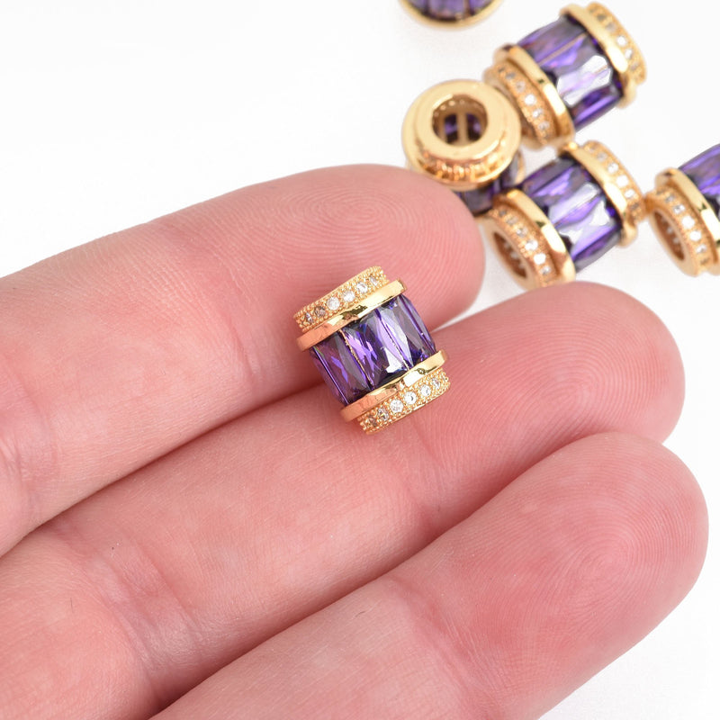 12mm Barrel Beads Purple Gold Micro pave' hand-set crystals with CZ Cubic Zirconia Stones, Large Hole, bme0465
