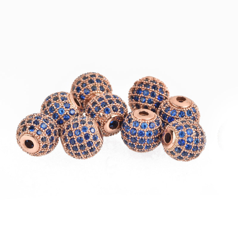 2 Rose Gold Blue Micro Pave Round Beads 8mm Metal with CZ Cubic Zirconia Crystals bme0481