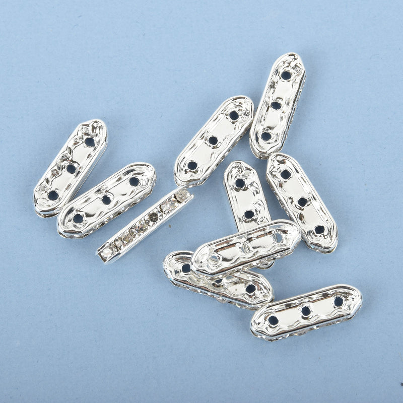 30 Silver Multistrand Rhinestone Beads, Crystal 3 Hole Spacer Bars 21x7mm bme0485